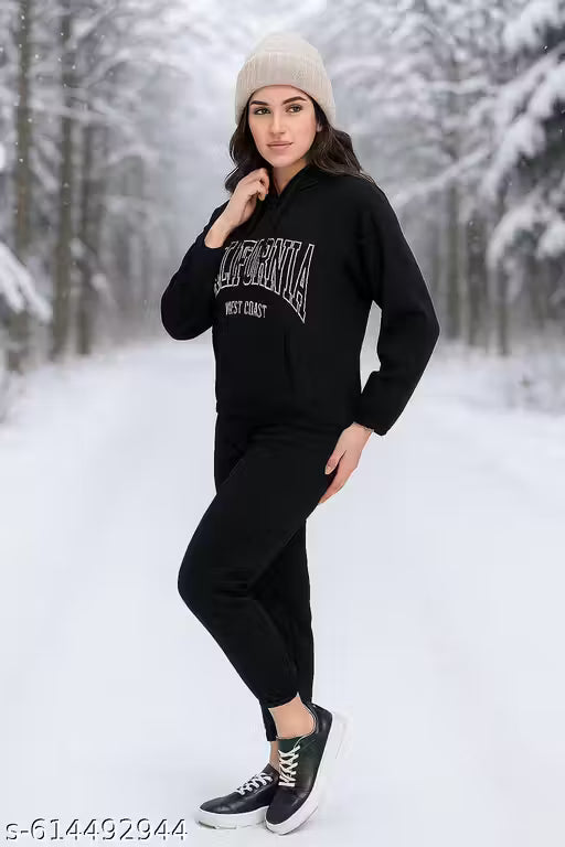 Black Fleece Nightsuit Cordset Yoga Wear Tracksuit for Women – Graphic Print, Hooded, Casual High-Rise Fit"