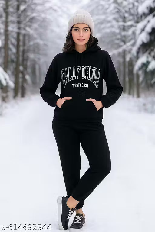 Black Fleece Nightsuit Cordset Yoga Wear Tracksuit for Women – Graphic Print, Hooded, Casual High-Rise Fit"