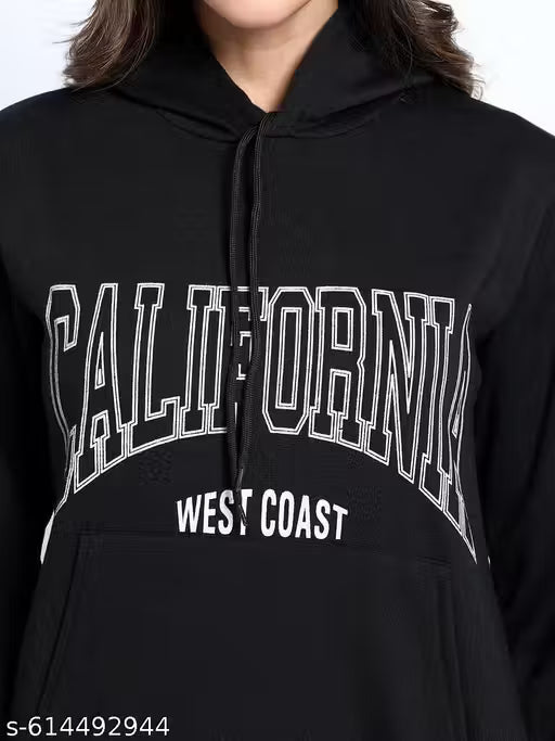 Black Fleece Nightsuit Cordset Yoga Wear Tracksuit for Women – Graphic Print, Hooded, Casual High-Rise Fit"