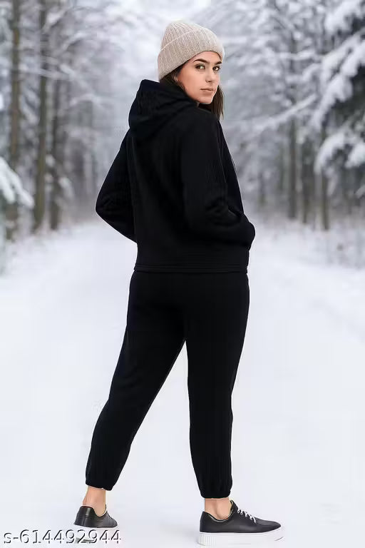 Black Fleece Nightsuit Cordset Yoga Wear Tracksuit for Women – Graphic Print, Hooded, Casual High-Rise Fit"