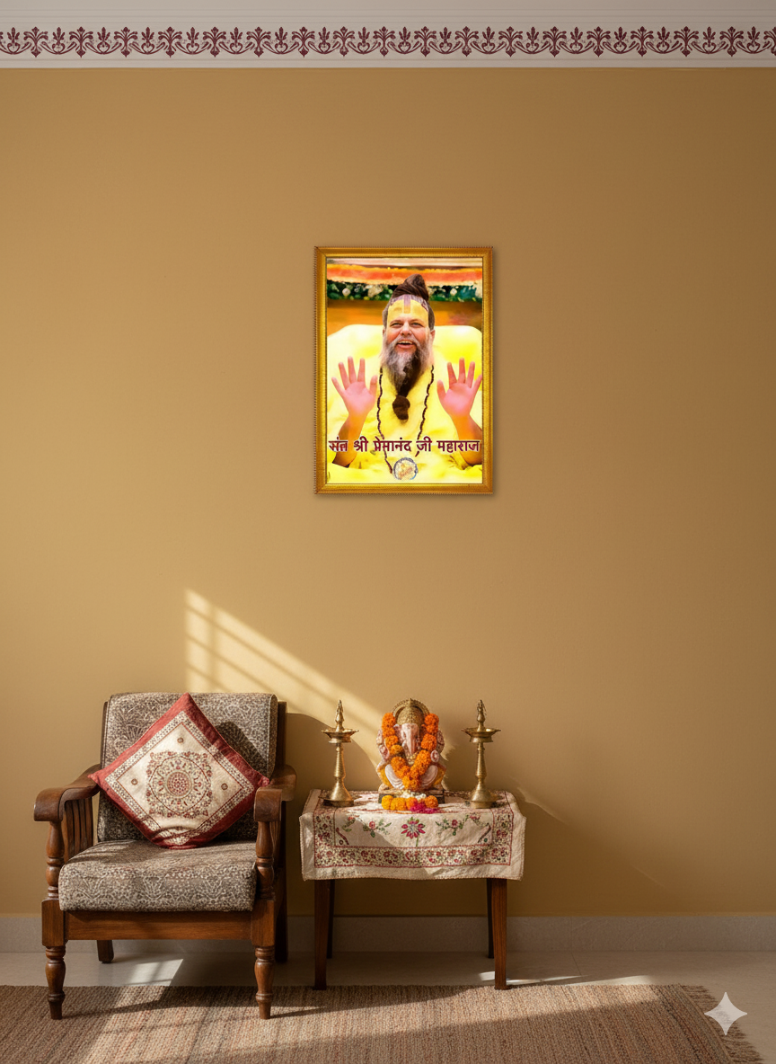 Sant shree premanand ji maharaj,PREMANAND JI MAHARAJ PHOTO FRAME 9 INCH 14 INCH WITH FRAME UV PRINT AND WITH flexible glass