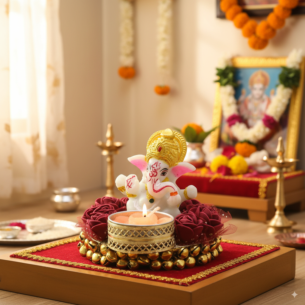 eCraftIndia Lord Ganesha Idol on Decorative Plate with Tea Light Holder