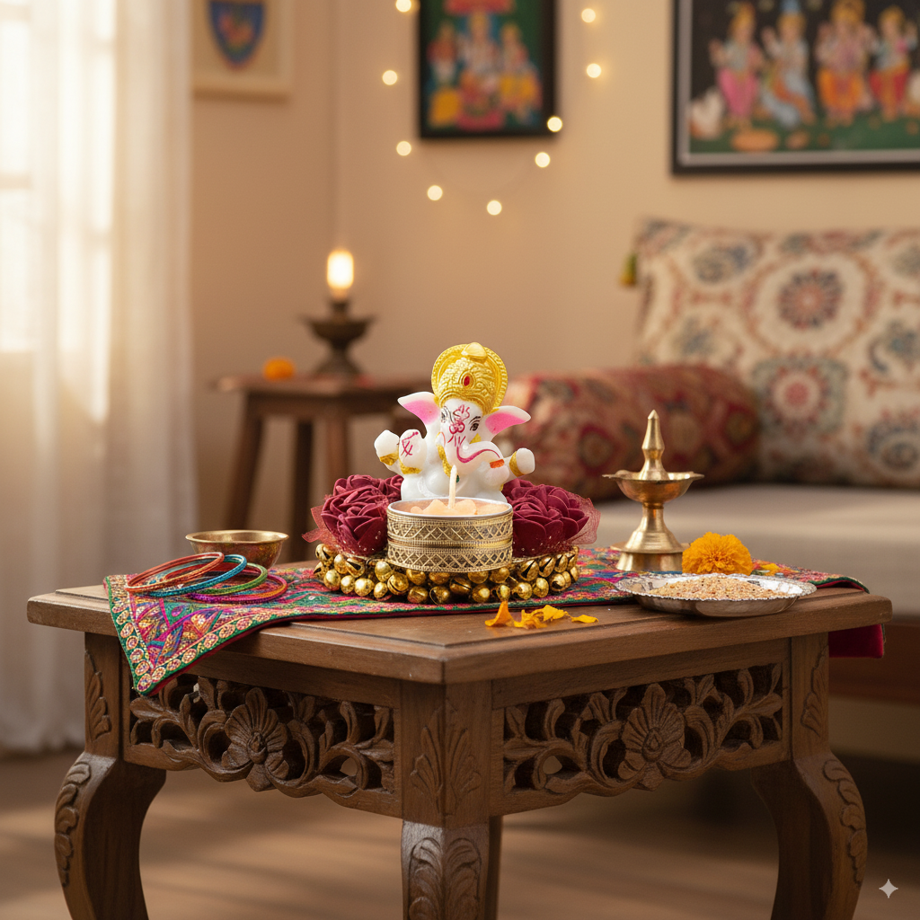 eCraftIndia Lord Ganesha Idol on Decorative Plate with Tea Light Holder